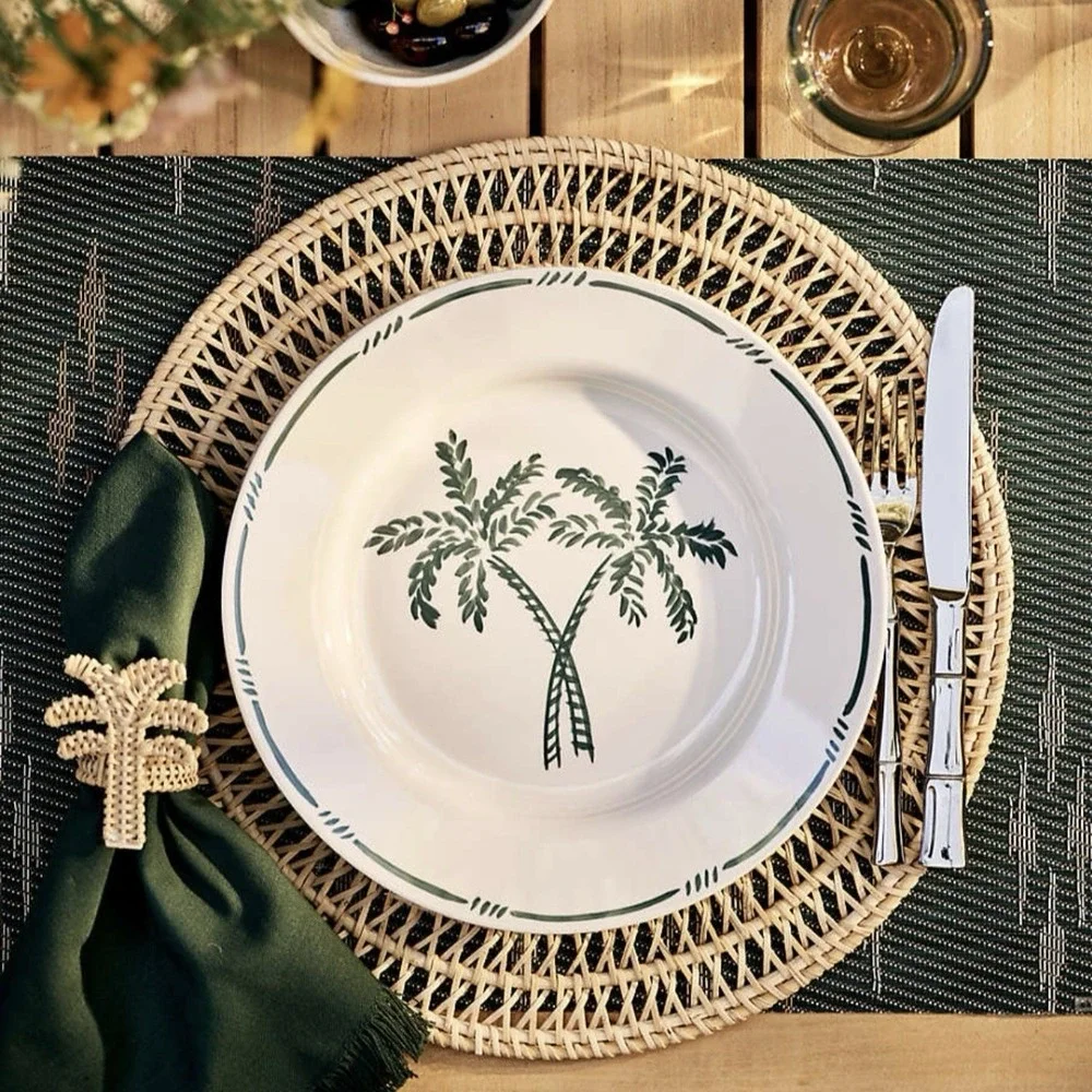 Crate & Barrel Wicker Palm Tree Napkin Rings Set of 4 NEW Coastal Decor